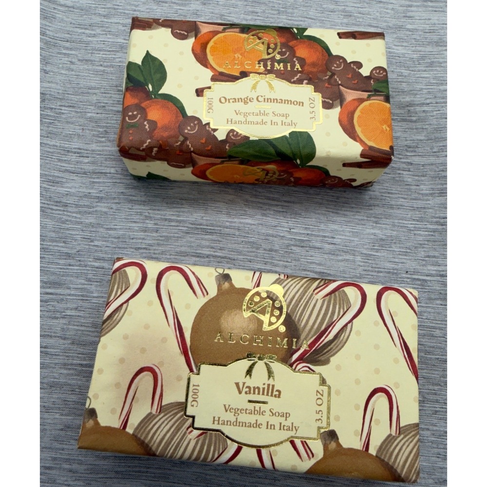 Alchimia Italy Handmade Veg Soap Bar Set Orange Cinnamon & Vanilla 3.5oz x2